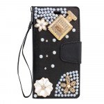 Wholesale iPhone XS / X Crystal Flip Leather Wallet Case with Strap (Perfume Black)